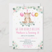 Teddy Bear Balloon Pink Gold Greenery Geburtstag Einladung (Vorderseite)