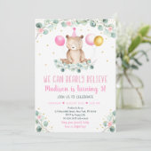 Teddy Bear Balloon Pink Gold Greenery Geburtstag Einladung (Stehend Vorderseite)