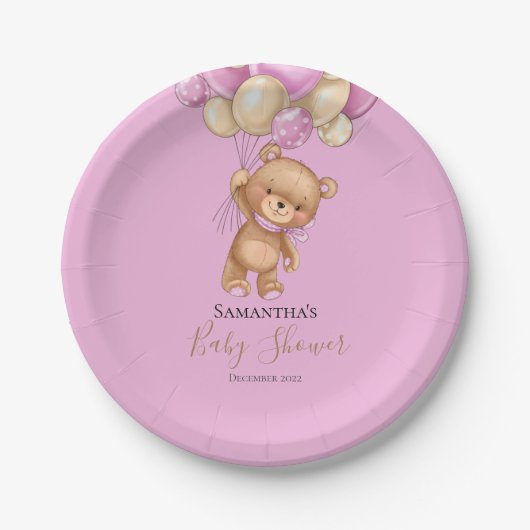 Teddy Bear Balloon PINK Pappteller (Vorderseite)