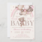 Teddy Bear Balloon Pink Rainbow Birthday Einladung (Vorderseite)