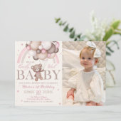 Teddy Bear Balloon Pink Rainbow Birthday Foto Einladung (Stehend Vorderseite)