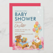 Teddy Bear Balloon Wassercolor Babydusche Einladung (Vorne/Hinten)