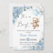 Teddy Bear Balloons Baby Blue Floral Boy Dusche Einladung (Vorderseite)