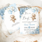 Teddy Bear Balloons Baby Blue Floral Boy Dusche Einladung