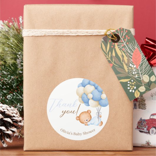 Teddy Bear Balloons Baby Boy Dusche Vielen Dank Runder Aufkleber (Feiertag)