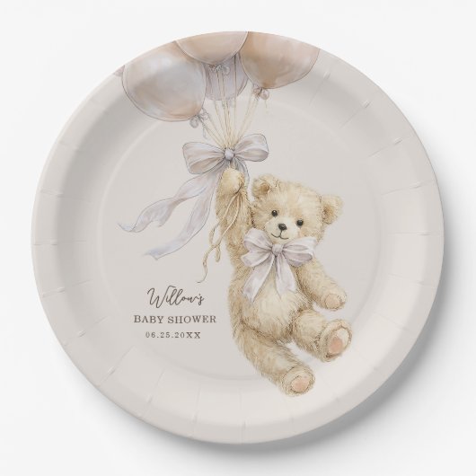 Teddy Bear Balloons Baby Shower Paper Plates Pappteller (Vorderseite)