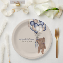 Teddy Bear & Balloons Bearly Wait Blue Baby Dusche Pappteller