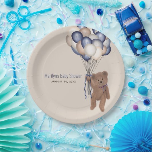 Teddy Bear & Balloons Bearly Wait Blue Baby Dusche Pappteller (Party)