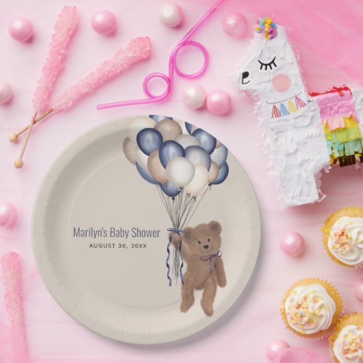 Teddy Bear & Balloons Bearly Wait Blue Baby Dusche Pappteller (Party)