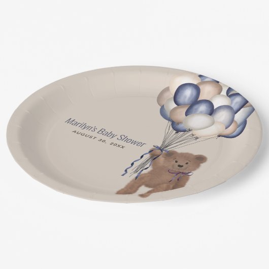 Teddy Bear & Balloons Bearly Wait Blue Baby Dusche Pappteller (Schrägansicht)