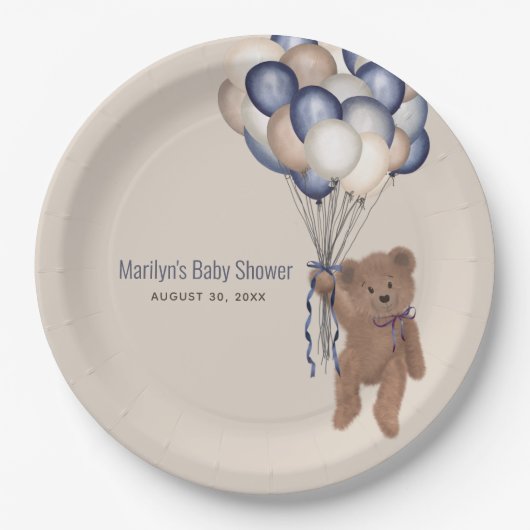 Teddy Bear & Balloons Bearly Wait Blue Baby Dusche Pappteller (Vorderseite)