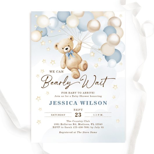 Teddy Bear Balloons Bearly Wait Boy Baby Dusche Einladung