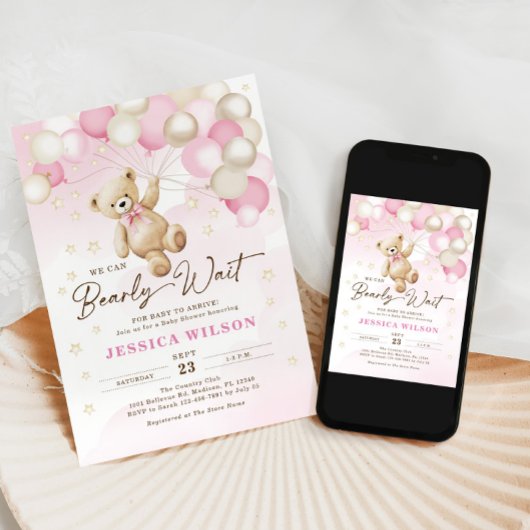 Teddy Bear Balloons Bearly Wait Girl Baby Dusche Einladung