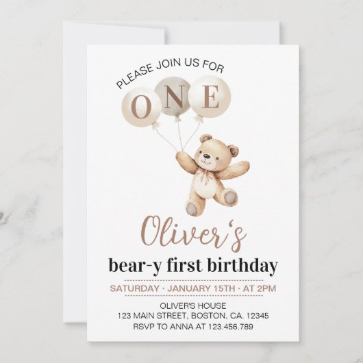 Teddy Bear Balloons Beary First Birthday Einladung (Vorderseite)