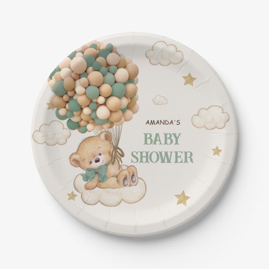 Teddy Bear Balloons Beige Green Baby Dusche Pappteller (Vorderseite)