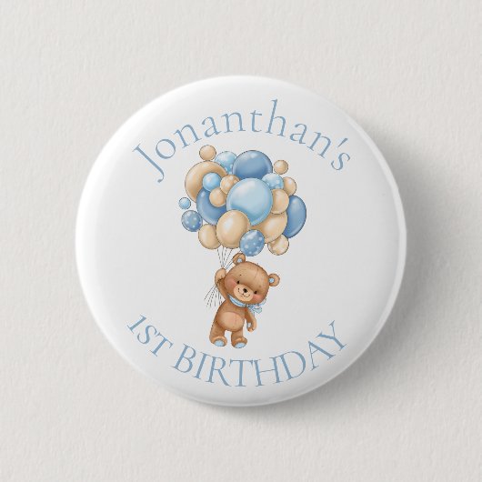 Teddy Bear Balloons Blue 1. Geburtstag Button (Vorderseite)