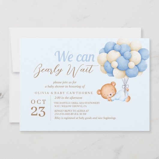 Teddy Bear Balloons Blue Baby Boy Dusche Einladung (Vorderseite)