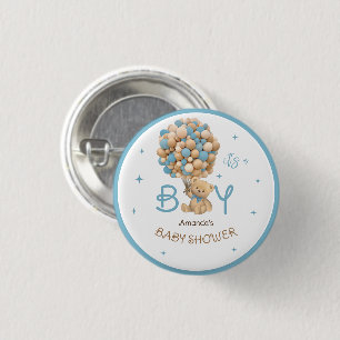Teddy Bear Balloons Blue Baby Boy Showfavor Button