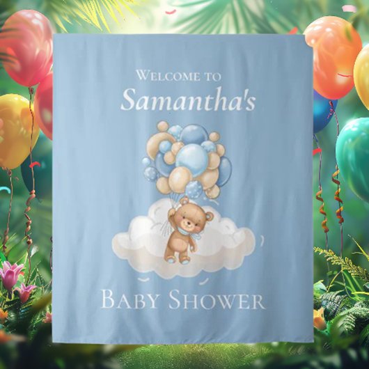 Teddy Bear Balloons Blue Baby Dusche Hintergrund Wandteppich