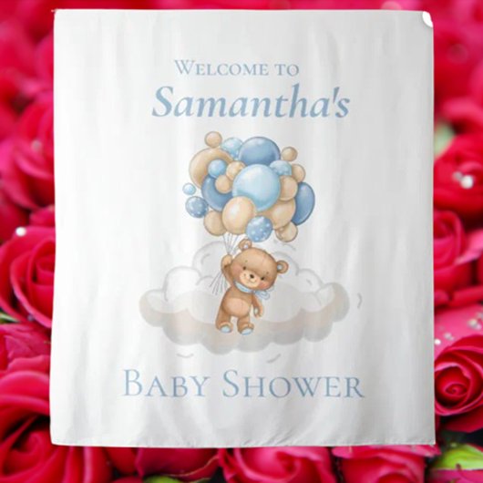 Teddy Bear Balloons Blue Baby Dusche Hintergrund Wandteppich