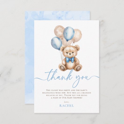 Teddy Bear Balloons Blue Boy Baby Dusche Dankeskarte (Vorne/Hinten)