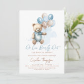 Teddy Bear Balloons Blue Boy Baby Dusche Einladung (Stehend Vorderseite)