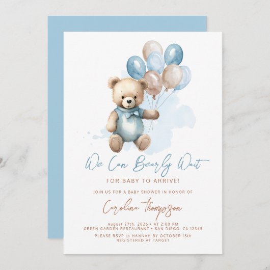 Teddy Bear Balloons Blue Boy Baby Dusche Einladung (Vorne/Hinten)