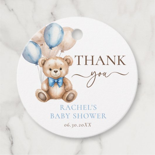 Teddy Bear Balloons | Blue Boy Baby Dusche Geschenkanhänger (Vorderseite)