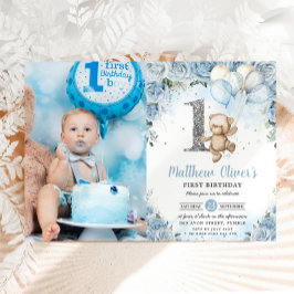 Teddy Bear Balloons Blue Floral 1. Geburtstag Foto Einladung