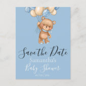 Teddy Bear Balloons Blue Save the Date Postcard Postkarte (Vorderseite)
