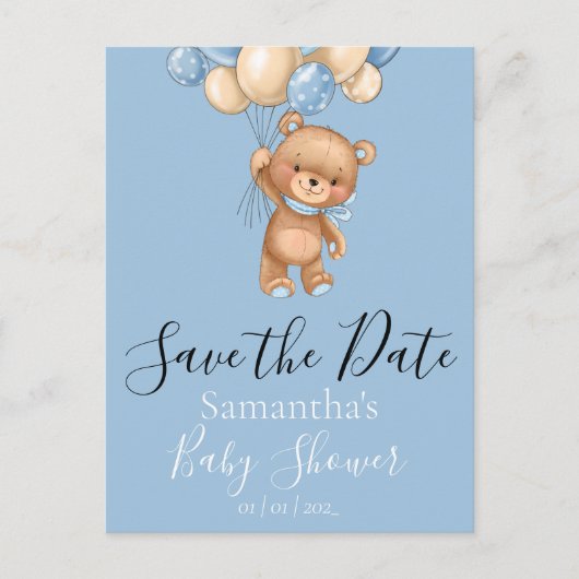 Teddy Bear Balloons Blue Save the Date Postcard Postkarte (Vorderseite)