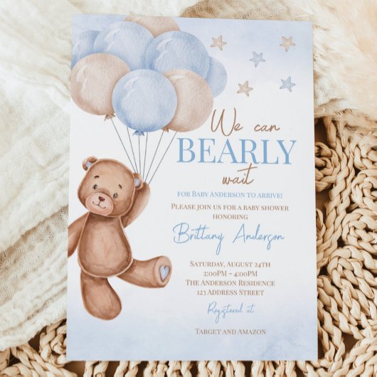 Teddy Bear Balloons Boy Baby Shower Einladung