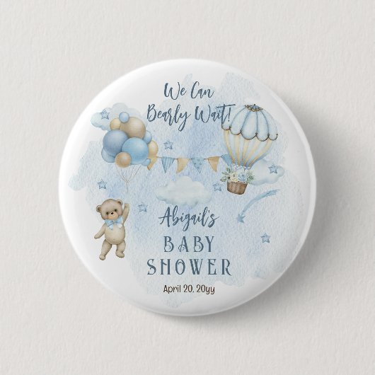 Teddy Bear Balloons Boy Bearly Wait Baby Dusche Button (Vorderseite)
