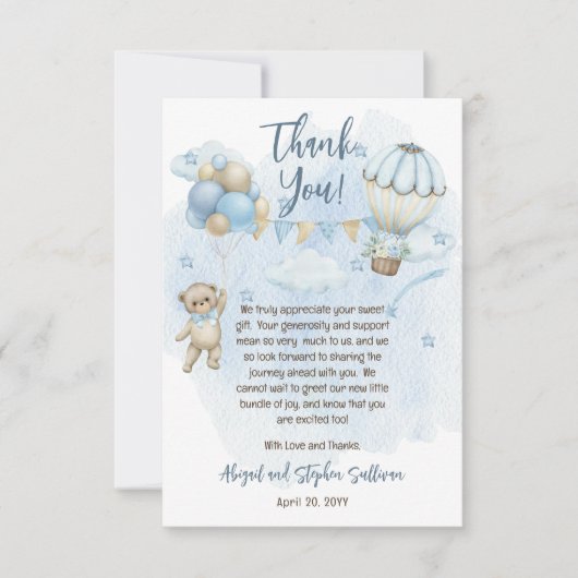 Teddy Bear Balloons Boy Bearly Wait Baby Dusche Dankeskarte (Vorderseite)