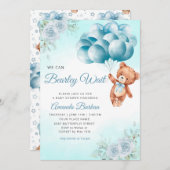 Teddy Bear Balloons Boy Bearly Wait Baby Dusche Einladung (Vorne/Hinten)