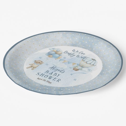 Teddy Bear Balloons Boy Bearly Wait Baby Dusche Pappteller (Schrägansicht)