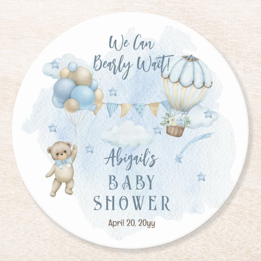 Teddy Bear Balloons Boy Bearly Wait Baby Dusche Runder Pappuntersetzer (Vorderseite)