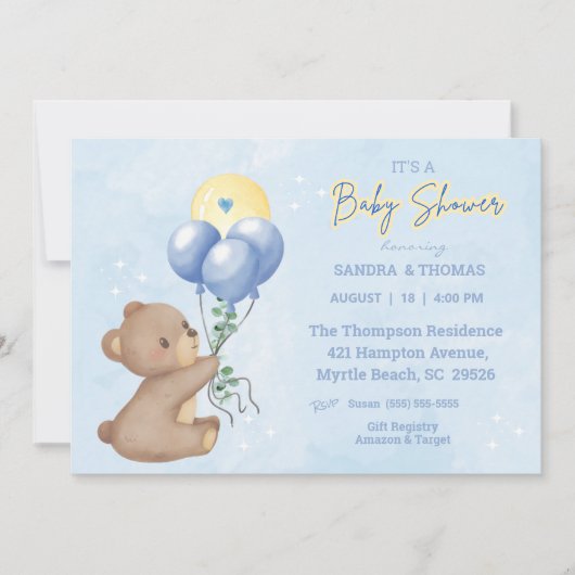 Teddy Bear Balloons Boys Babydusche Einladung (Vorderseite)