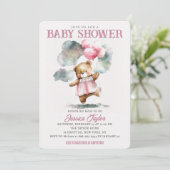 Teddy Bear Balloons Clouds Girly Babydusche Einladung (Stehend Vorderseite)