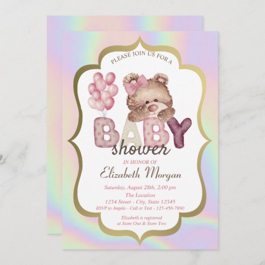 Teddy Bear Balloons Frame Holographic Baby Show Einladung (Vorne/Hinten)