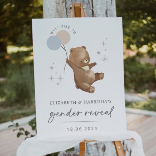 Teddy Bear Balloons Gender Reveal Willkommenszeich Poster