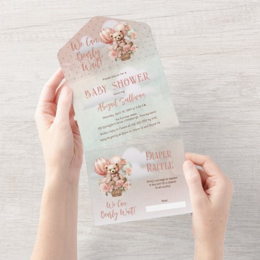 Teddy Bear Balloons Girl Bearly Wait Baby Shooter All In One Einladung (Abreißen)