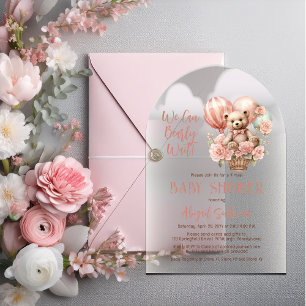 Teddy Bear Balloons Girl Virtual Baby Dusche Acryleinladungen