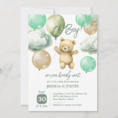Teddy Bear Balloons Green Baby Dusche Einladung (Vorderseite)