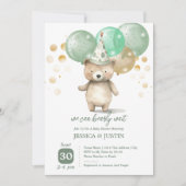Teddy Bear Balloons Green Gold Baby Dusche Einladung (Vorderseite)