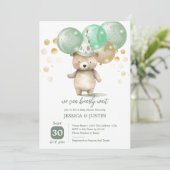 Teddy Bear Balloons Green Gold Baby Dusche Einladung (Stehend Vorderseite)
