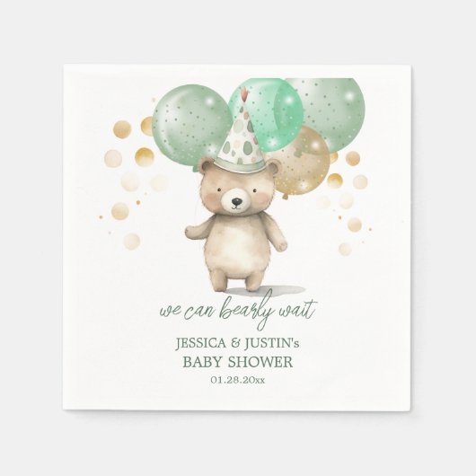 Teddy Bear Balloons Green Gold Baby Dusche Serviette (Vorderseite)