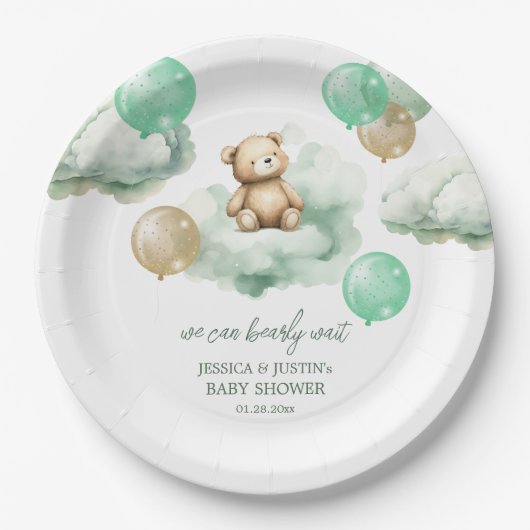 Teddy Bear Balloons Green Gold Sky Baby Dusche Pappteller (Vorderseite)