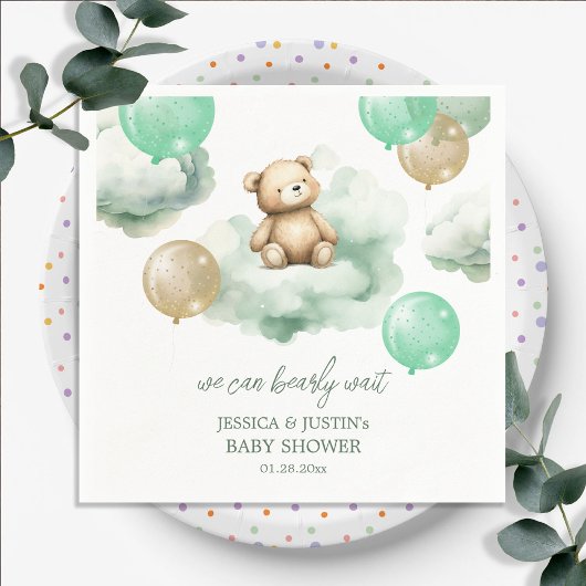 Teddy Bear Balloons Green Gold Sky Baby Dusche Serviette