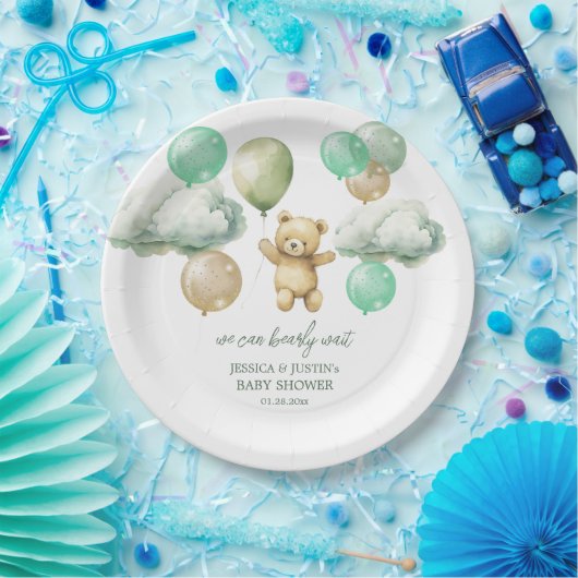 Teddy Bear Balloons Green Sky Baby Dusche Pappteller (Party)